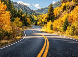 Driving Scenic Mountain Road Through Autumn Foliage with Clear Blue Sky