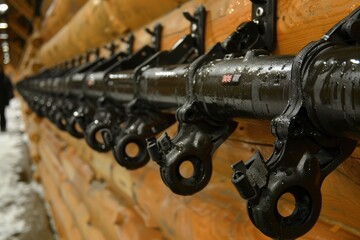 Obraz premium A close-up view of a row of ski poles or equipment, featuring black components covered in water droplets against a wooden background.