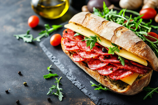 A classic Italian hoagie with layers of salami, ham, and provolone cheese, drizzled with oil and vinegar, with copy space, under bright inviting lighting, against a modern deli counter background.