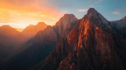 Fototapeta premium Sunset behind rugged mountain peaks, soft orange and pink light illuminating rocky cliffs and valleys