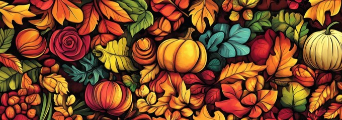 Fototapeta premium Fall Harvest Background with Pumpkins Roses and Colorful Autumn Leaves