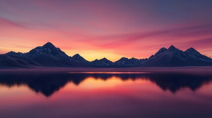 Sunset over volcanic peaks, deep red and purple sky reflected on a shimmering lava lake