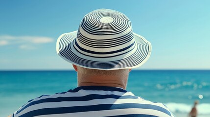 Man in a striped hat enjoying a sunny day at the beach by the ocean
