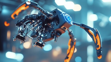 A robotic arm in an electronics assembly line, assembling advanced drones with AI precision for high-performance aerial technology, Drone-tech style