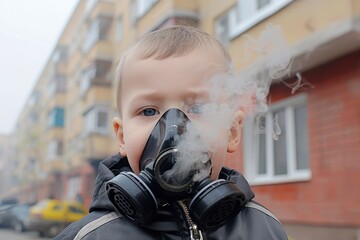 A young boy wearing a gas mask stands outdoors, surrounded by smoke, highlighting environmental concerns and urban pollution.