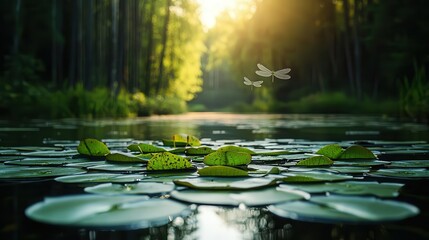 Fototapeta premium Wide pond covered with lily pads, dragonflies hovering above the water, surrounded by dense trees and soft sunlight