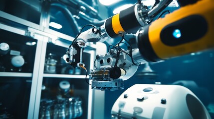 A robotic arm in an underwater robotics lab, assembling submersible drones with AI precision for marine exploration, Underwater-tech style