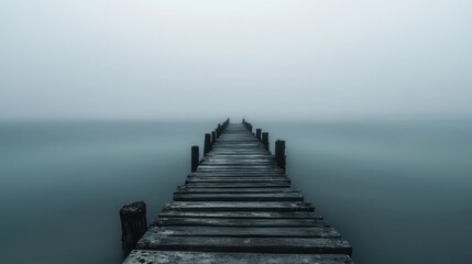 Fototapeta premium Misty lake pier; peaceful, serene scene; background fog; meditation, contemplation