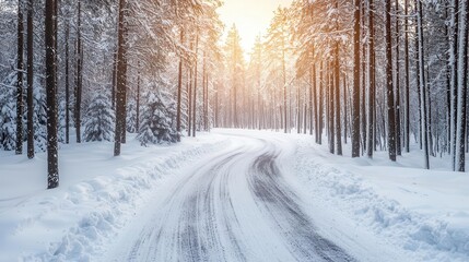 Naklejka premium Winding road through a snowy forest, tall pine trees dusted with snow, soft winter sunlight filtering through