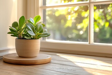 Fototapeta premium Indoor plant arrangement on wooden table bright window view natural light cozy environment
