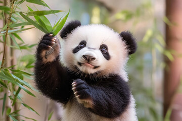 Happy panda cub enjoying bamboo in a sunny enclosure at a wildlife reserve during the day