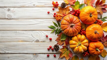 Festive autumn décor with pumpkins, berries, and leaves on a white wooden background. Perfect for fall