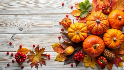 Festive autumn décor with pumpkins, berries, and leaves on a white wooden background. Perfect for fall