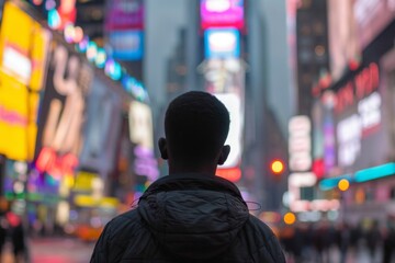 Fototapeta premium Young black man facing away from camera in blurred times square