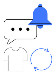 Notification bell and speech bubble for alerts, apparel outline symbolizing consumer products, and circular arrows for recycling or updates. Ideal for communication, e-commerce, recycling, reminders