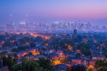 Fototapeta premium A stunning twilight view of a city skyline, featuring modern skyscrapers and a blend of urban and natural elements illuminated by city lights.