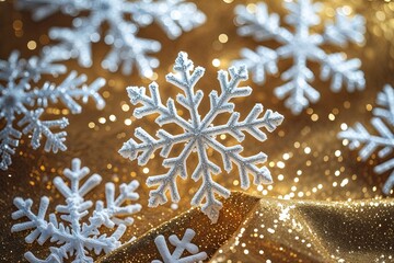 Sparkling Winter Snowflakes on a Shimmering Gold Background for a Festive Holiday Celebration