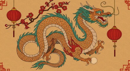 Fototapeta premium Illustrative Chinese Dragon Artwork with Lanterns and Plum Blossoms Design