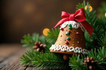 A bokeh-filled gingerbread bell sits atop fir branches with surrounding garlands, gingerbread bell, festive atmosphere