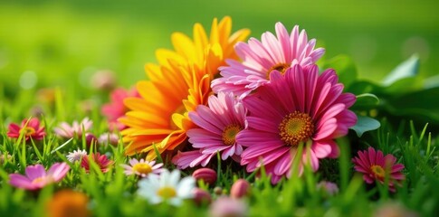 Fototapeta premium A bouquet of fresh cut flowers spilled on the grass, floral, scattered flowers, nature