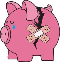 Piggy bank broken crying concept of accumulation, savings and earning money. Pink glass pig. Vector illustration