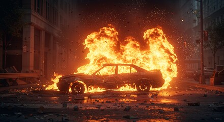 Obraz premium Burning Car on City Street Engulfed in Flames with Debris Scattered