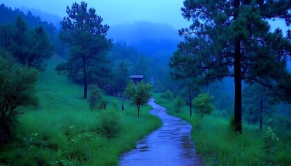 A scenic view of a wet road in a misty forest