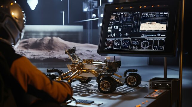 A space engineer operating a robotic rover, high-tech space research center with simulated Mars terrain and telemetry displays, High-tech style