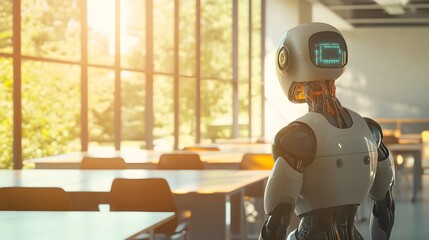 Fototapeta premium Ai teacher in modern classroom futuristic education bright environment innovative learning
