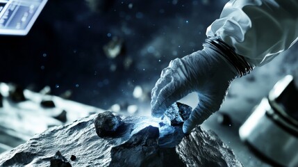 A space scientist analyzing meteorite samples using AI driven spectroscopy, high-tech space research lab with holographic mineral compositions and futuristic instruments, High-tech style