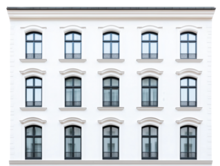 Elegant Symmetry: Classic White Building Facade with Black Window Frames
