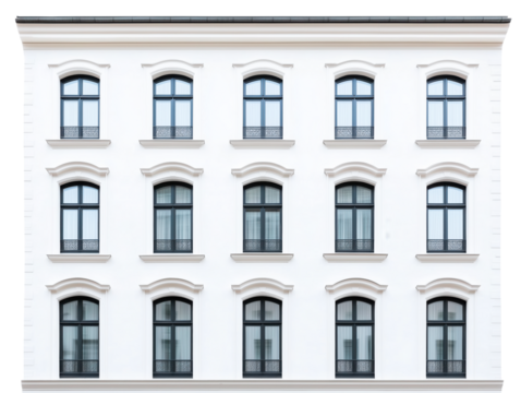 Elegant Symmetry: Classic White Building Facade with Black Window Frames