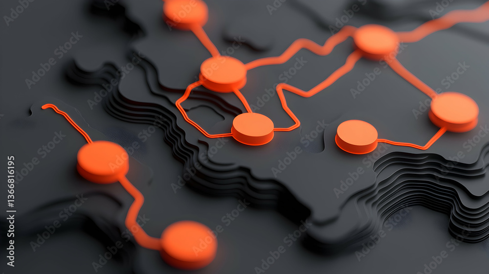 Wall mural abstract 3d network visualization with orange nodes and black terrain