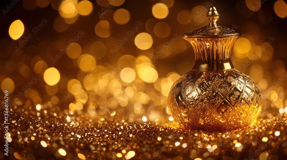 Poster ornate golden vase on glittering surface with bokeh background.