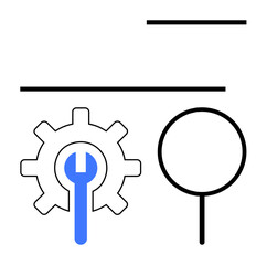 Gear with a blue wrench in center beside magnifying glass. Represents repair, optimization, search, analysis, development, system, innovation. Ideal for technology business strategy flat simple
