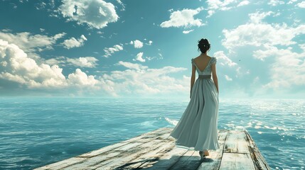 Woman in flowing dress standing on pier overlooking ocean serene landscape captivating view