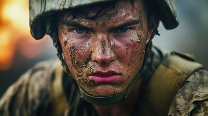 Obraz premium Determined Soldier Portrait Covered in Mud in Combat Zone Background