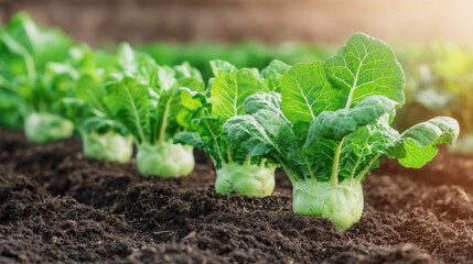 Obraz premium Fresh green kohlrabi growing in smart farm with rich soil sunlight