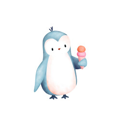 Cute baby penguin holding ice cream drawing cartoon. Animal arctic illustration isolated
