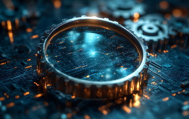 SEO Audit Symbol with Magnifying Glass and Metallic Gear  