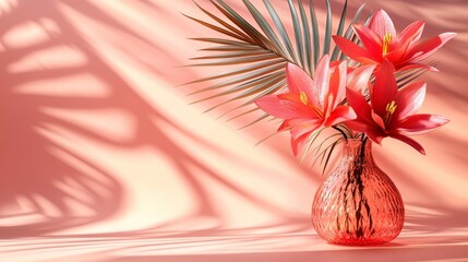3D model of lotus and palm leaves in ceramic vase on neutral solid background. Clean living room interior design mockup with empty space for commercial use.