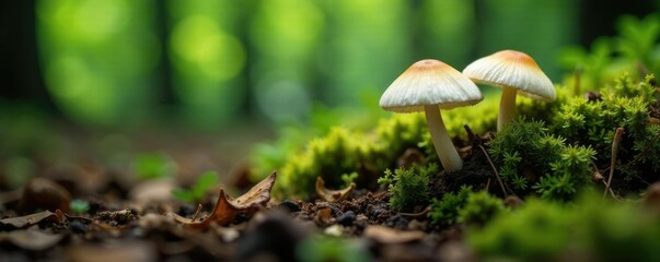 Fototapeta premium delicate white mushrooms peeking out from under a layer of leaves, woods, understory, forest floor