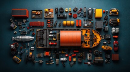 Fototapeta premium Flat lay arrangement of diverse tools hardware and electronic equipment neatly organized in a workshop or garage setting showcasing a comprehensive collection of essential utilities for repair