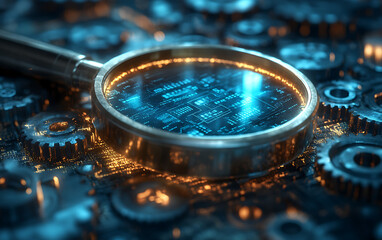 SEO Audit Symbol with Magnifying Glass and Metallic Gear  