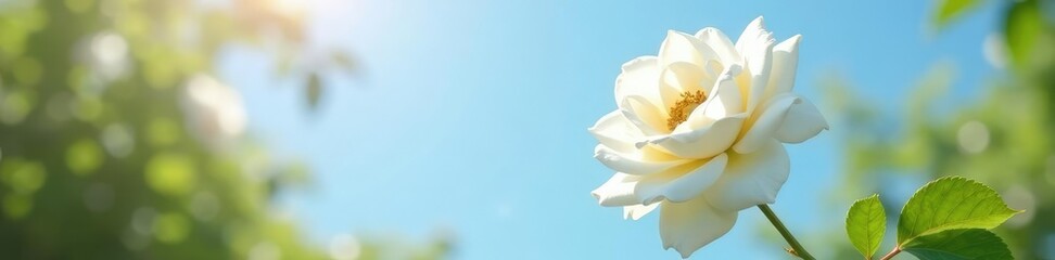 Obraz premium delicate white rose bloom against a bright sunny sky, foliage, floral, gardenia