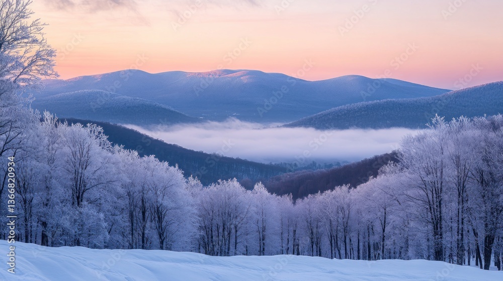 Aufkleber panoramic sunrise view of snow-covered mountain range with frosty trees and valley fog.