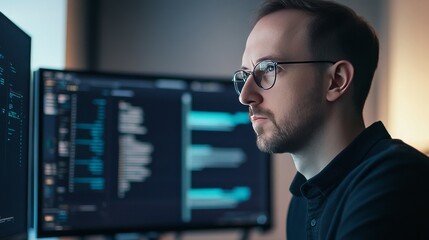 Fototapeta premium A blockchain architect designing AI powered decentralized platforms for crypto backed decentralized energy trading, futuristic energy trading lab with live data, High-tech style