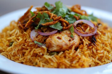 A close-up of flavorful biryani rice with spiced chicken, crispy onions, and a garnish of fresh herbs, served on a white plate. 