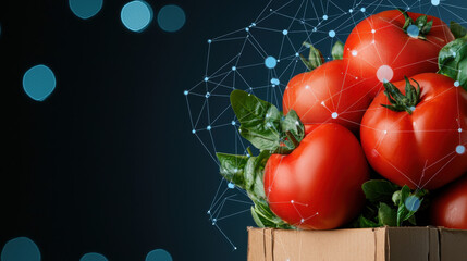 Fresh tomatoes in cardboard box with digital network overlay symbolize smart farm concept