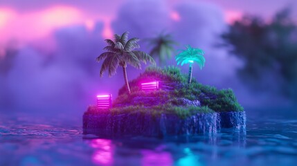 Summertime, retro, grid: Floating summer city built on a vibrant, glowing grid, blending futuristic and retro aesthetics.